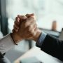 Close up two businessmen shaking hands. Positive management team celebrating victory, successful stock deal, sales growth, won good contract, business achievement and teamwork concept